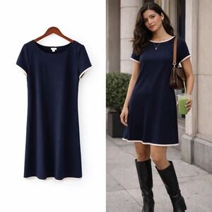 J Crew Navy Short Sleeve Dress With White Trim Size 12 Clean Girl Aesthetic
